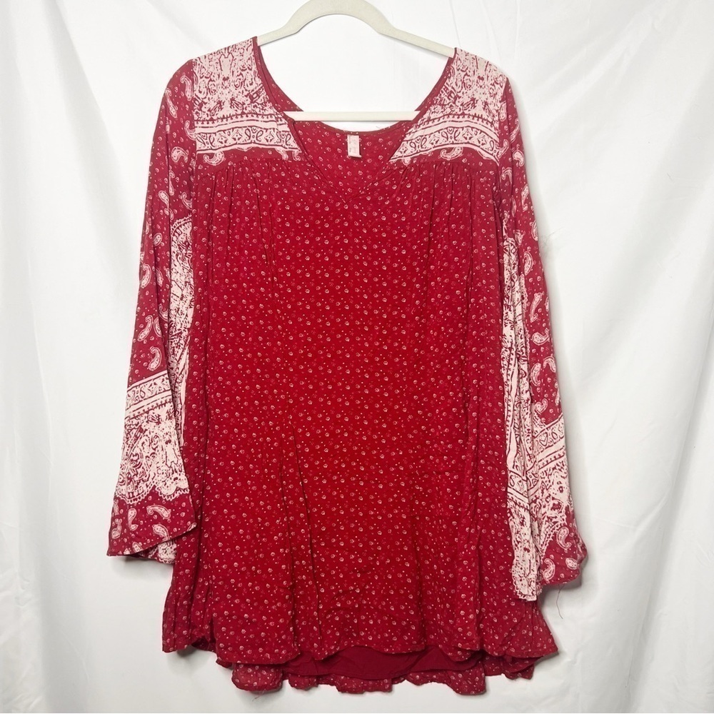 Free People Red Bandana Print Long Sleeve Mini Dress
